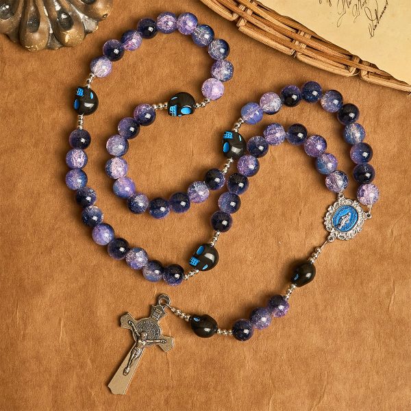 Purple Beads with Skull Details & Silver Crucifix Gothic Rosary