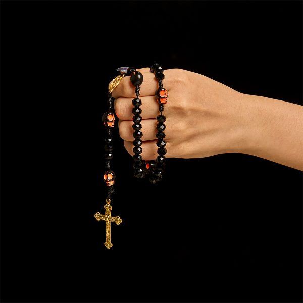 Gothic Style Black Skull Design with Golden Crucifix Rosary