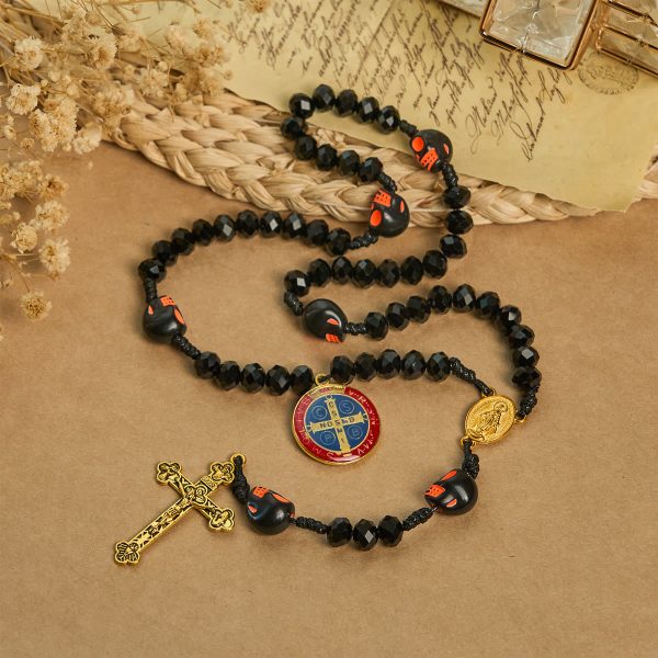Gothic Style Black Skull Design with Golden Crucifix Rosary