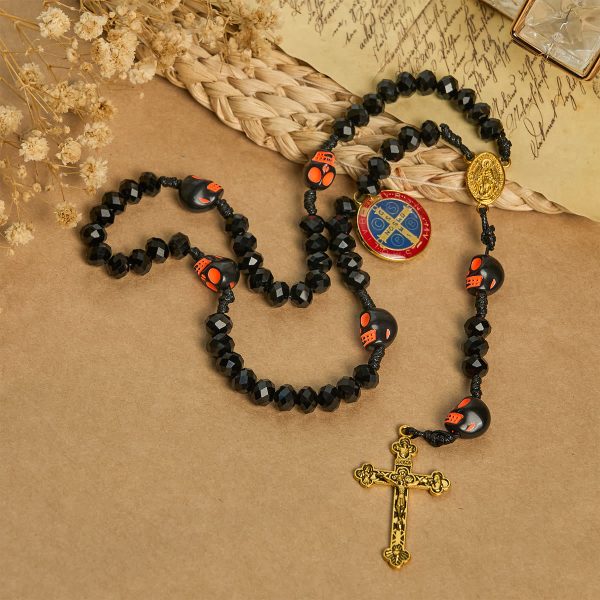 Gothic Style Black Skull Design with Golden Crucifix Rosary