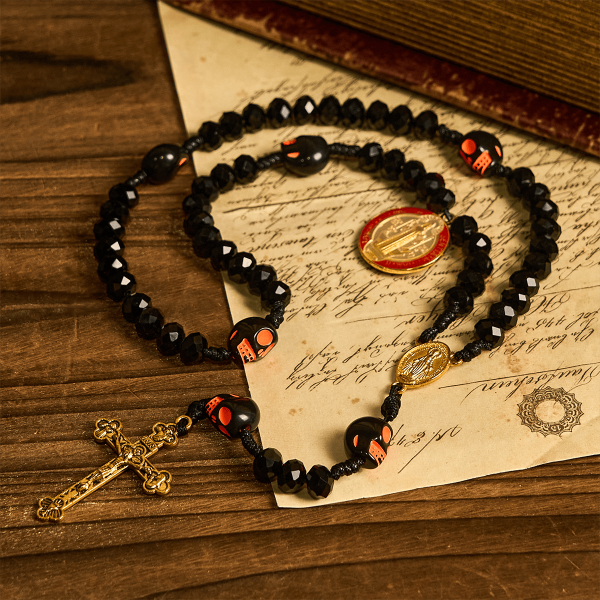 Gothic Style Black Skull Design with Golden Crucifix Rosary