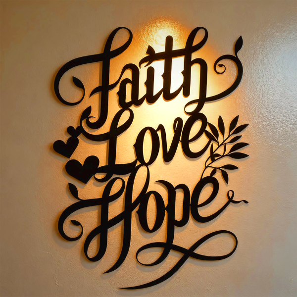 Faith Love Hope Metal Wall Decor with Heart & Leaf Accents