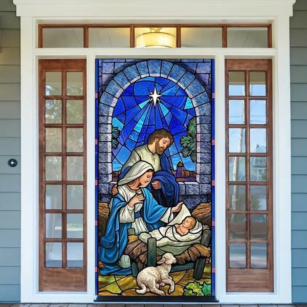Christianartworkshop Blue - Toned Stained Glass Nativity Door Curtain: Holy Family & Lamb