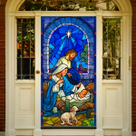 Blue - Toned Stained Glass Nativity Door Curtain: Holy Family & Lamb
