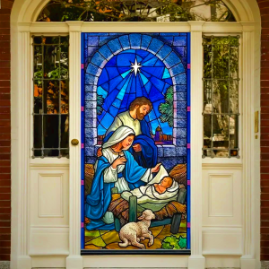 Blue - Toned Stained Glass Nativity Door Curtain: Holy Family & Lamb