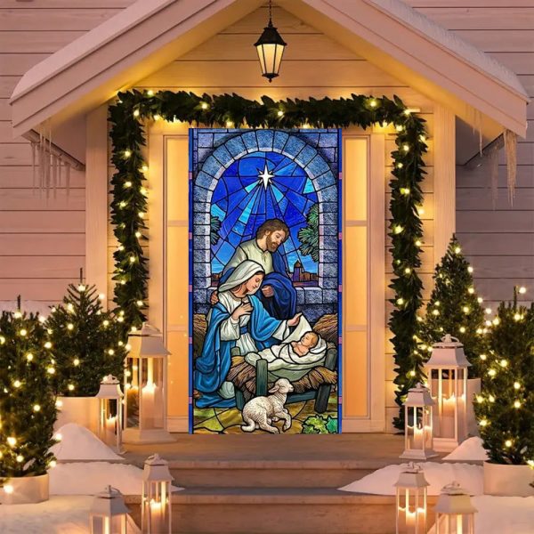 Christianartworkshop Blue - Toned Stained Glass Nativity Door Curtain: Holy Family & Lamb