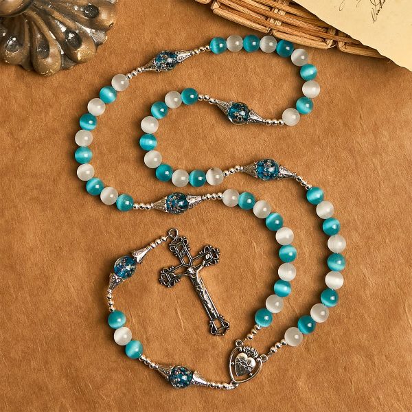 Christianartworkshop Glittering Cat's Eye Stone & Blue Star Glass Rosary with Sacred Heart
