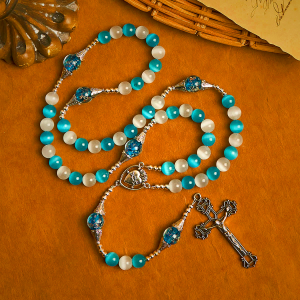 Glittering Cat's Eye Stone & Blue Star Glass Rosary with Sacred Heart