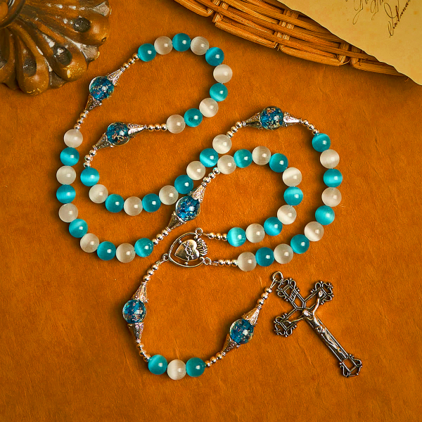 Glittering Cat's Eye Stone & Blue Star Glass Rosary with Sacred Heart
