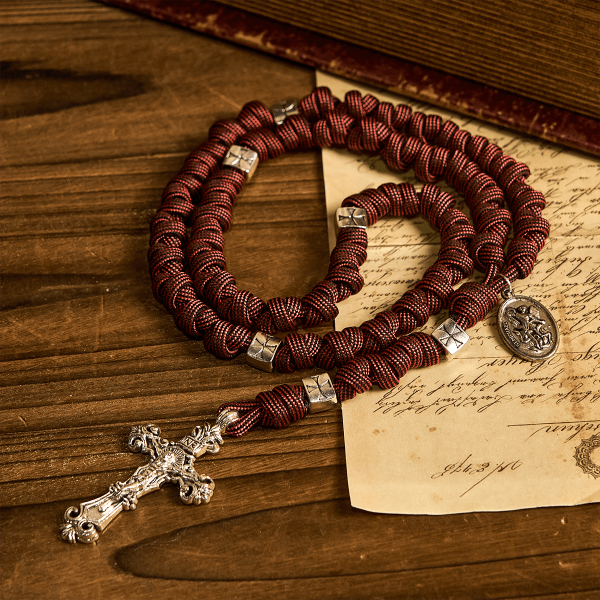 Warrior's Devotion Deep Red Paracord Rosary with St. Michael the Archangel