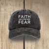 Christianartworkshop Minimalist Bold Statement Faith Over Fear Unisex Distressed Washed Cotton Hat