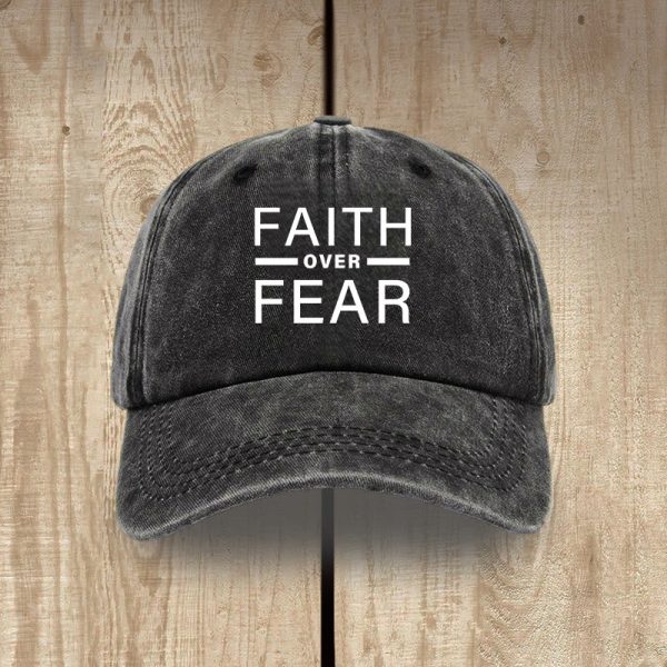 Christianartworkshop Minimalist Bold Statement Faith Over Fear Unisex Distressed Washed Cotton Hat