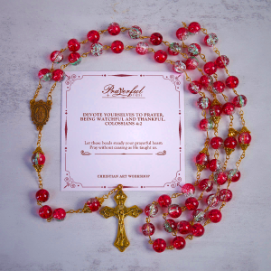 PRAYERFUL FAITH: Christmas-Themed Red Bead Rosary with Golden Crucifix & Madonna Medal