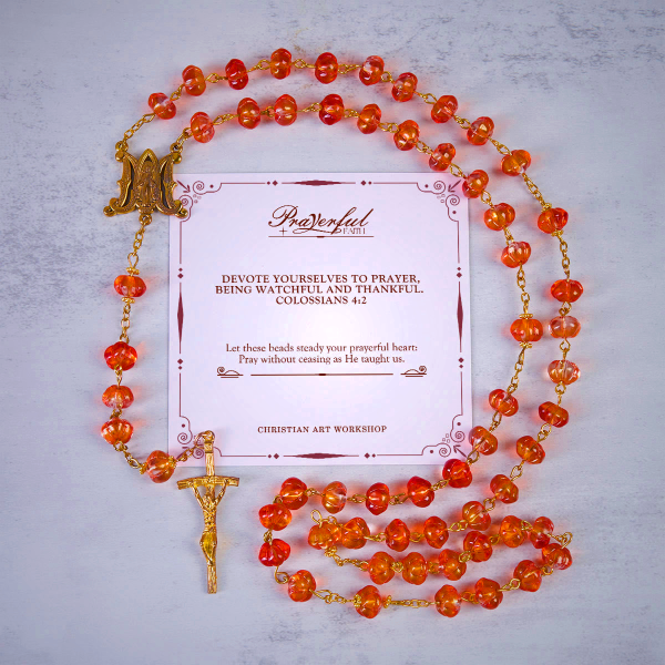 PRAYERFUL FAITH: Sacred Pumpkin Beads Rosary with Miraculous Medal and Cross