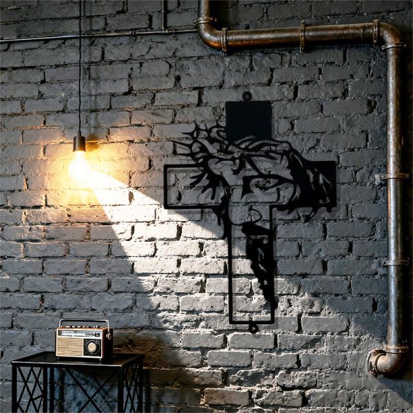 Christianartworkshop Black Metal Jesus with Crown of Thorns Cross Metal Wall Decor