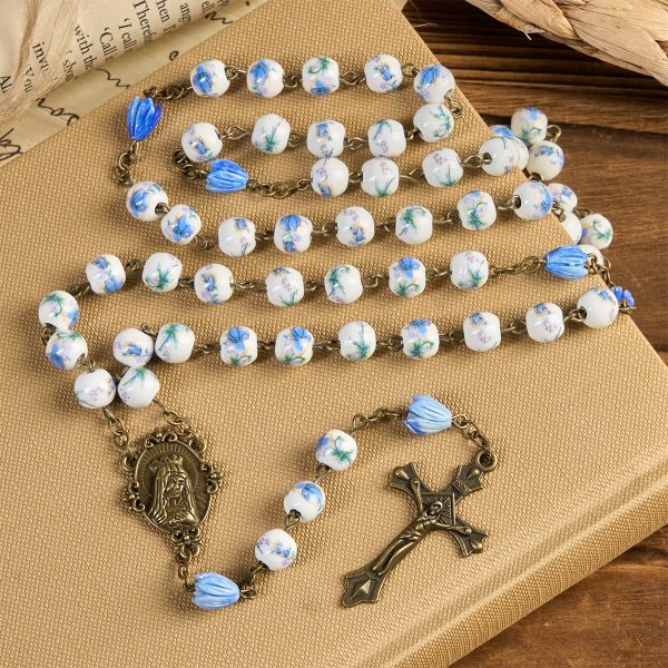 Christianartworkshop Immaculate Heart of Mary & Crucifix of 8 mm Round Blue Floral Acrylic Alloy Chain Rosary