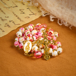Miraculous Medal & Crucifix of 8 mm Round Floral Pink Ceramic Alloy Chain Rosary