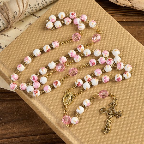Christianartworkshop Miraculous Medal & Crucifix of 8 mm Round Floral Pink Ceramic Alloy Chain Rosary