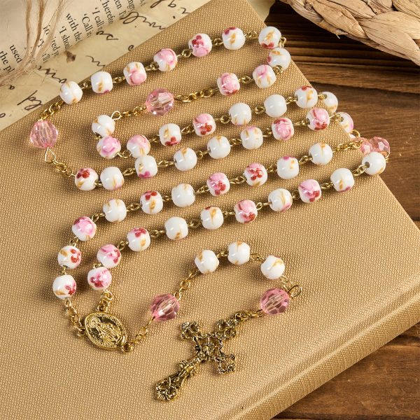 Christianartworkshop Miraculous Medal & Crucifix of 8 mm Round Floral Pink Ceramic Alloy Chain Rosary