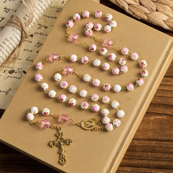 Christianartworkshop Miraculous Medal & Crucifix of 8 mm Round Floral Pink Ceramic Alloy Chain Rosary