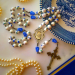 Immaculate Heart of Mary & Crucifix of 8 mm Round Blue Floral Acrylic Alloy Chain Rosary