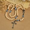 Sacred Light Wood Rosary: Blue Icon Accents & Vintage Crucifix