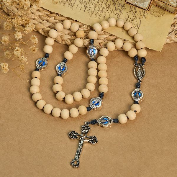 Sacred Light Wood Rosary: Blue Icon Accents & Vintage Crucifix