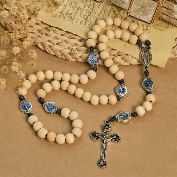 Sacred Light Wood Rosary: Blue Icon Accents & Vintage Crucifix