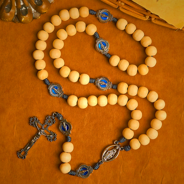 Sacred Light Wood Rosary: Blue Icon Accents & Vintage Crucifix