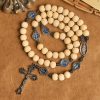 Sacred Light Wood Rosary: Blue Icon Accents & Vintage Crucifix