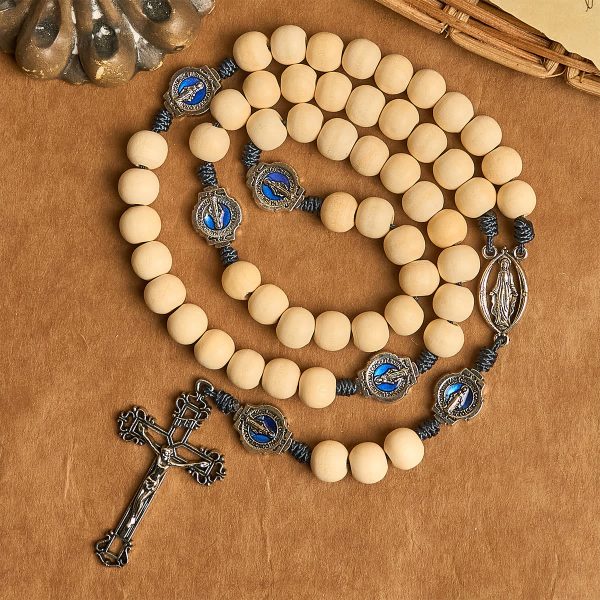 Sacred Light Wood Rosary: Blue Icon Accents & Vintage Crucifix