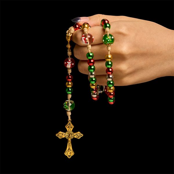 Christmas Gift: Christmas Atmosphere Rosary: Colorful Beads & Ornate Golden Crucifix