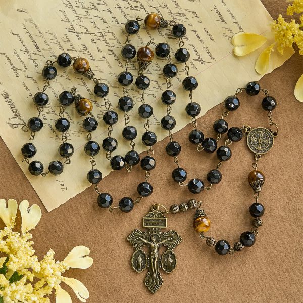 Vintage Obsidian Tiger Eye Beads Rosary with Pardon Crucifix & St. Benedict