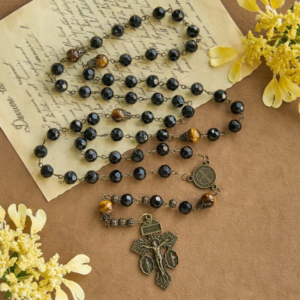 Vintage Obsidian Tiger Eye Beads Rosary with Pardon Crucifix & St. Benedict