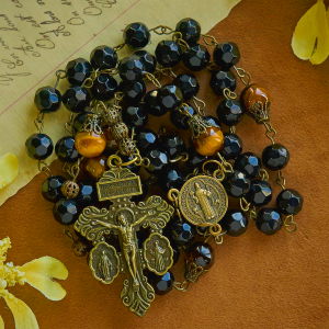 Vintage Obsidian Tiger Eye Beads Rosary with Pardon Crucifix & St. Benedict