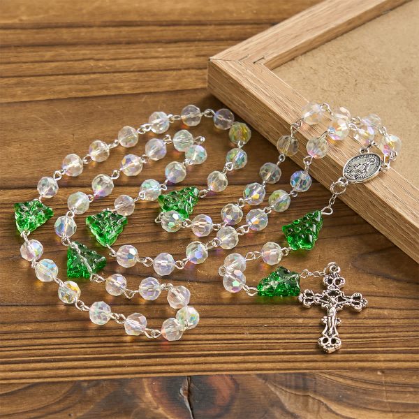 Festive Faith Rosary: Iridescent Translucent Beads & Christmas Tree Accents