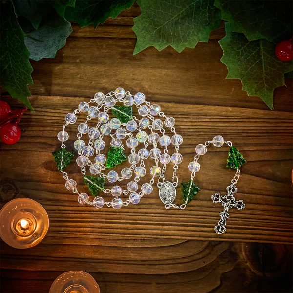 Festive Faith Rosary: Iridescent Translucent Beads & Christmas Tree Accents