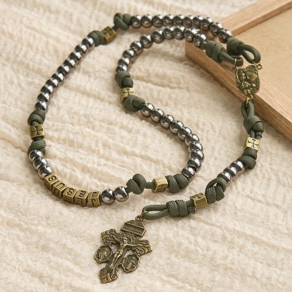 Military - Style Paracord Custom Rosary: Silver-Toned Beads & Brass JESUS