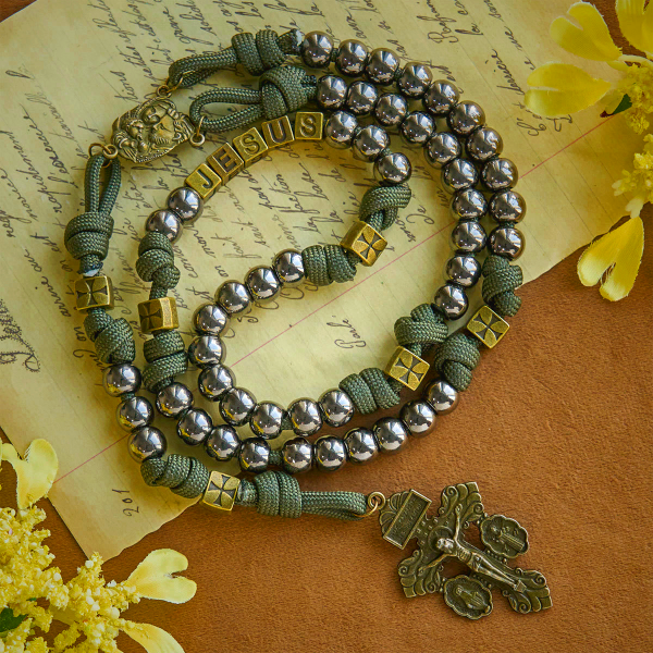 Military - Style Paracord Custom Rosary: Silver-Toned Beads & Brass JESUS