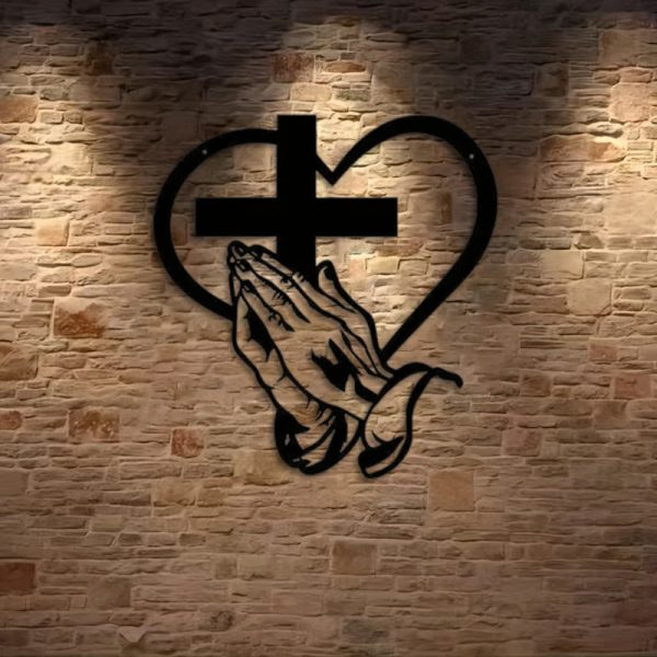 Christianartworkshop Modern Spiritual Praying Hands Heart Cross Black Metal Wall Decor