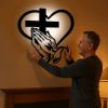 Christianartworkshop Modern Spiritual Praying Hands Heart Cross Black Metal Wall Decor
