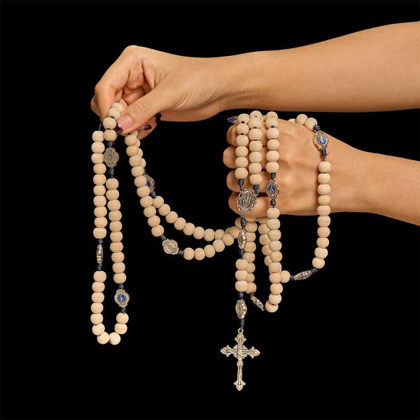 Christianartworkshop Traditional Ivory Bead Fifteen Decade Prayer Rosary with Miraculous Medal