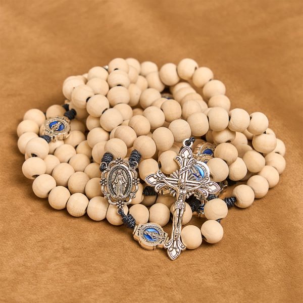 Christianartworkshop Traditional Ivory Bead Fifteen Decade Prayer Rosary with Miraculous Medal