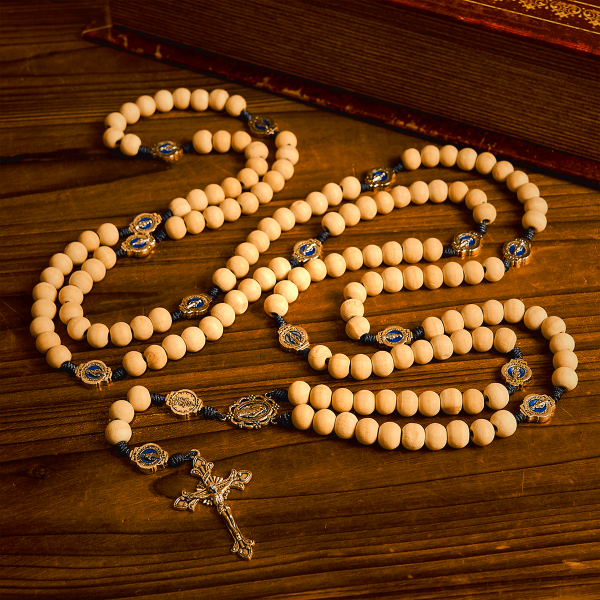 Traditional Ivory Bead Fifteen Decade Prayer Rosary with Miraculous Medal