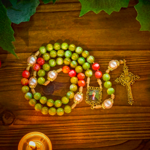 Handcrafted Christmas Blessings Divine Mercy Rosary with Red Green Beads and Bronze Crucifix