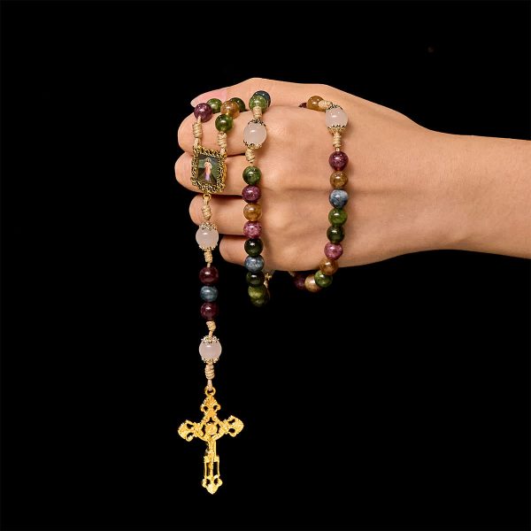 Christianartworkshop Colorful Tourmaline Beads Rosary with Square Divine Mercy and Golden Crucifix