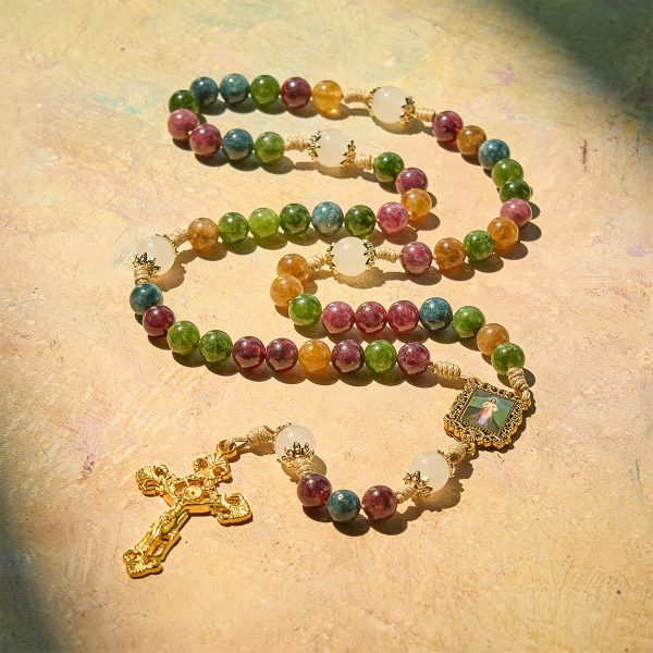 Christianartworkshop Colorful Tourmaline Beads Rosary with Square Divine Mercy and Golden Crucifix