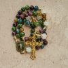 Christianartworkshop Colorful Tourmaline Beads Rosary with Square Divine Mercy and Golden Crucifix