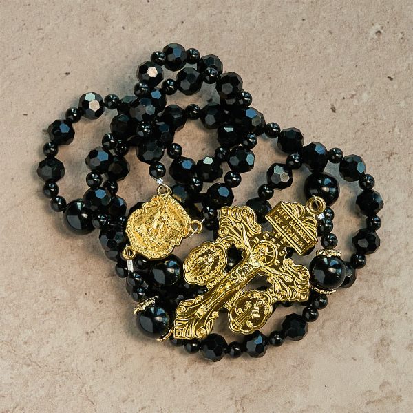 St. Michael and Pardon Crucifix of Faceted Black Bead Handmade Rosary