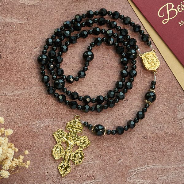 St. Michael and Pardon Crucifix of Faceted Black Bead Handmade Rosary